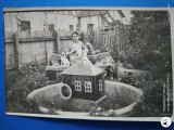 Fotografie .Tanara in curtea casei , fotografie tip carte postala.
