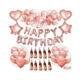 Set Decoratiuni Petrecere Aniversara, TrendiShop&reg;, model Happy Birthday, Balonase din Latex, Baloane de Folie, Ghirlande, Banda si Accesorii, Roz Auri