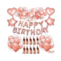 Set Decoratiuni Petrecere Aniversara, TrendiShop&reg;, model Happy Birthday, Balonase din Latex, Baloane de Folie, Ghirlande, Banda si Accesorii, Roz Auri