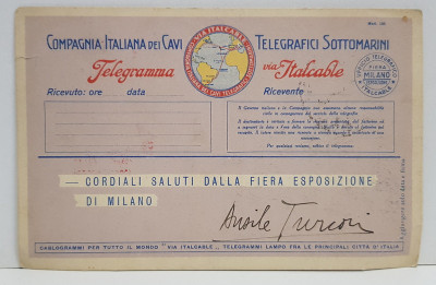 OFFICIO ITALCABLE ALL FIERA ESPOSIZIONE DI MILANO , CARTE POSTALA DE RECLAMA , 1928 foto