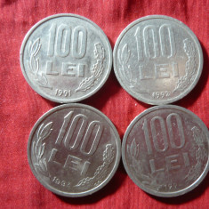 4 Monede 100 lei 1991 , 1992 , 1993 ,1994 , metal alb cal. F.Buna