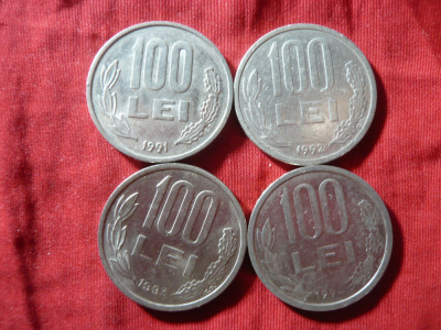 4 Monede 100 lei 1991 , 1992 , 1993 ,1994 , metal alb cal. F.Buna foto