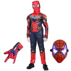 Set costum Iron Spiderman, New Era, rosu, manusa cu ventuze si masca LED, 3-5 ani, 100-110 cm