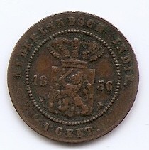 Indiile de Est Olandeze 1 Cent 1856 Willem III / Wilhelmina, Bronz, KM-307