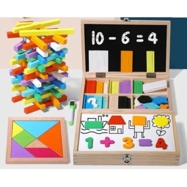Joc educativ, trusa de calculat, forme geometrice, tabla de scris cu creta si tabla magnetica