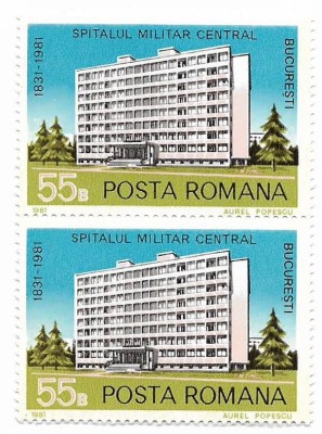 Romania (532) - 150 de ani de existenta a Spitalului Militar Central - Bucuresti, 1981, neobliterat, bloc de 2 foto