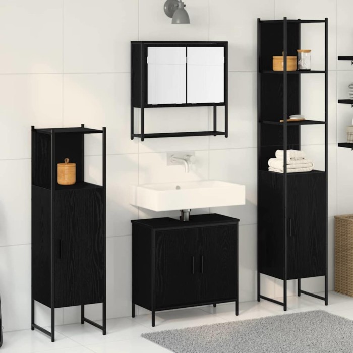 Set Mobilier Baie 4 Piese Stejar Negru Lemn Ingineresc