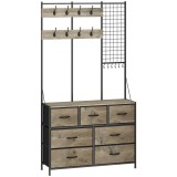 HOMCOM Cuier 4 &icirc;n 1, Mobilier pentru hol cu 7 sertare pliabile din material textil, 14 c&acirc;rlige şi panou grilaj, Gri cu efect de lemn | Aosom Romania