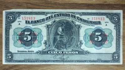 Mexic provincia Chihuahua - bancnota rara de razboi civil - 5 pesos 1915 - starea din imagini foto
