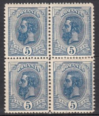 ROMANIA 1898 LP 51d REGELE CAROL I SPIC DE GRAU FILIGRAN PR VALOAREA 5 BANI ALBASTRU FILIGRAN PR BLOC DE 4 TIMBRE GUMA ORIGINALA STARE MNH/SARNIERA
