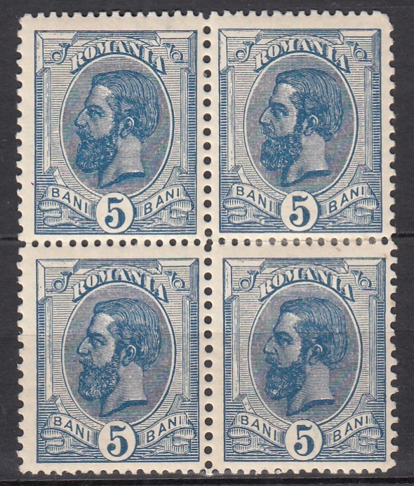 ROMANIA 1898 LP 51d REGELE CAROL I SPIC DE GRAU FILIGRAN PR VALOAREA 5 BANI ALBASTRU FILIGRAN PR BLOC DE 4 TIMBRE GUMA ORIGINALA STARE MNH/SARNIERA