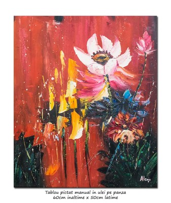 Tablou pictat manual, Floare de lotus, 60x50cm ulei pe panza in cutit efect 3D, gata de agatat pe perete foto