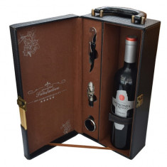 Cutie cadou tip cufar pentru vin, model Premium cu maner si accesorii incluse, negru foto