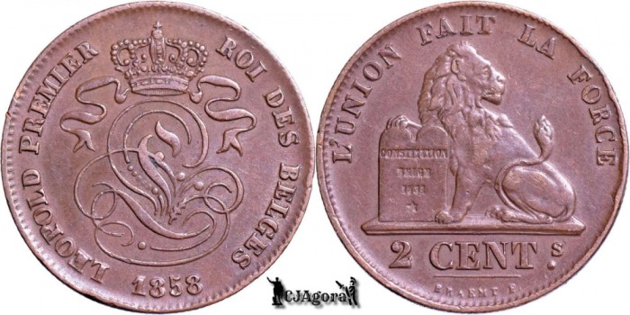 1858, 2 Centimes - Leopold I - Regatul Belgiei
