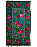 Covor traditional vintage din l&acirc;nă 289&times;173 cm, model floral fucsia pe fond &icirc;nchis, panou turcoaz &ndash; cu franjuri