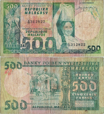 1974 , 500 francs | 100 ariary ( P-64a ) - Madagascar foto