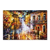 Tablou gigant peisaj citadin pictat manual, O seara relaxanta, stilizat, 150x100cm ulei pe panza in cutit efect 3D, gata de agatat pe perete