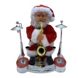 Mos Craciun Muzical Dansator cu Saxofon si Tobe, Canta Colinde Engleza, 16cm, Baterii AA