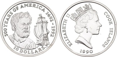 Cook Islands 1990 - 10 dollars, Amerigo Vespucci, argint, PROOF foto