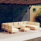 Set mobilier grădină cu perne crem, 10 piese, lemn masiv de pin