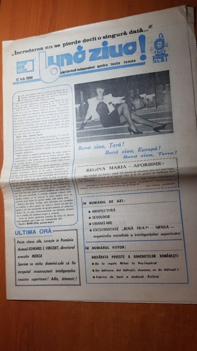 ziarul buna ziua 12 februarie 1990 anul 1,nr.1 -prima aparitie a ziarului
