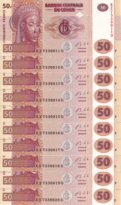 CONGO lot 10 buc. X 50 francs 2013 UNC!!! foto