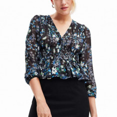 Desigual bluza 23WWBW06 WOMAN WOVEN BLOUSE LONG SLEEVE femei, culoarea albastru marin, in modele florale