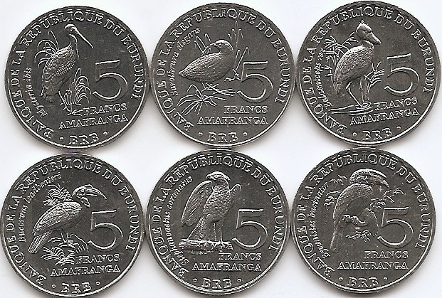 Burundi Sert 6 - 5, 5, 5, 5, 5, 5 Franci 2014 - Pasari, Aluminiu, V22, UNC !!!