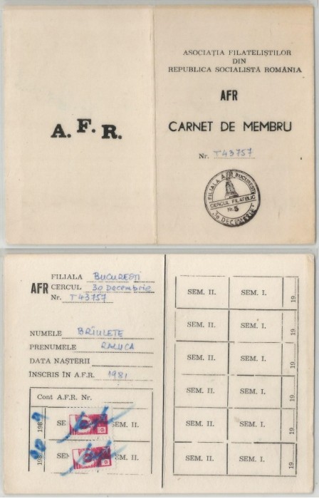 Romania, Carnet de membru A.F.R., Bucuresti, 1989