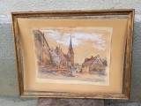 Tablou vechi acuarela semnată zona pietonala cu biserica