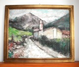 Peisaj montan - pictura originala ulei pe placaj postimpresionism semnat 56x46cm, Peisaje, Impresionism