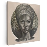 Tablou portret carbune femeie africana cu turban, maro 1320 Tablou canvas pe panza CU RAMA 80x80 cm
