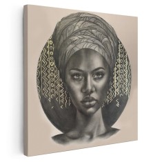 Tablou portret carbune femeie africana cu turban, maro 1320 Tablou canvas pe panza CU RAMA 30x30 cm