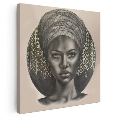 Tablou portret carbune femeie africana cu turban, maro 1320 Tablou canvas pe panza CU RAMA 80x80 cm foto