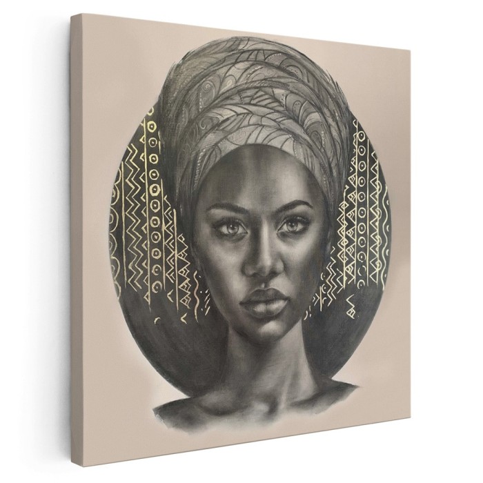 Tablou portret carbune femeie africana cu turban, maro 1320 Tablou canvas pe panza CU RAMA 80x80 cm