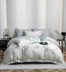Lenjerie de lux pentru pat dublu,bumbac finet,6 piese,cearceaf cu elastic,alba gri,cu trandafiri-A1017