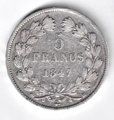 FRANTA 5 FRANCS FRANCI 1847 BB LOUIS PHILIPPE I ARGINT STARE FOARTE FOARTE BUNA foto