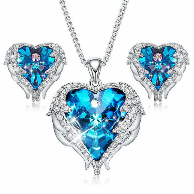 Set Colier si cercei MBrands Placat cu Aur Alb, cristale Austria, forma inima - Alb/Albastru foto