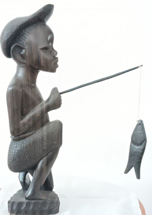 LS - Statuieta africana din lemn - vintage - lucrata manual - bastinas pescar