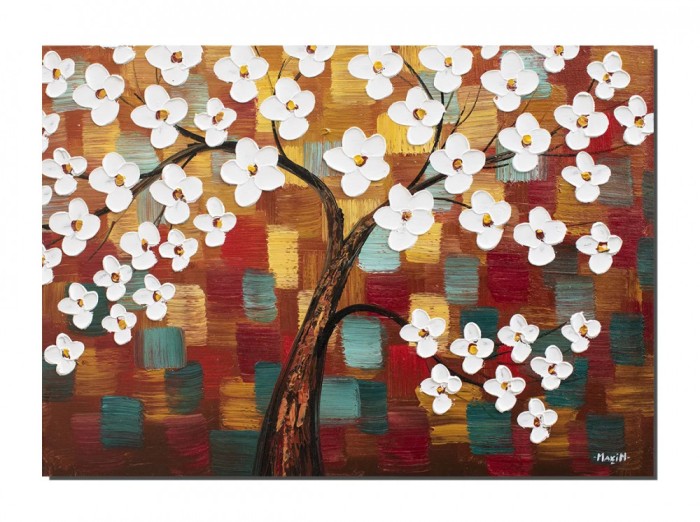 Tablou Copacul vietii pictat manual living, Bucurie, 70x50cm ulei pe panza in relief efect 3D