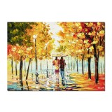 Tablou stilizat pictat manual, Plimbare relaxanta prin parc, 70x50cm ulei pe panza