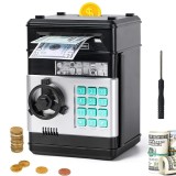 Cumpara ieftin Pusculita interactiva pentru copii, tip seif metalic, cu parola, efecte luminoase si sonore, alimentare automata a bancnotelor, capacitate mare, negru