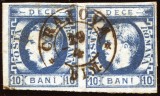 1869 , Lp 26 , Carol I cu favoriti 10 Bani albastru , pereche T3T4 - stampila timp CRAIOVA, Stampilat