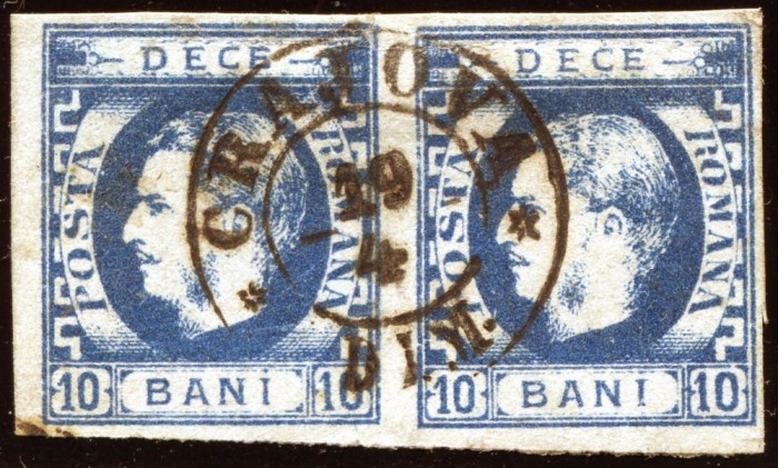 1869 , Lp 26 , Carol I cu favoriti 10 Bani albastru , pereche T3T4 - stampila timp CRAIOVA