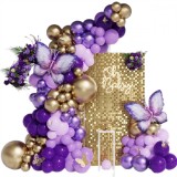 Arcada baloane Fluturi 163 accesorii, 2 fluturi 108 cm, 12 accesorii fluturasi aurii, Mov/Auriu