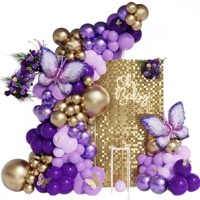 Arcada baloane Fluturi 163 accesorii, 2 fluturi 108 cm, 12 accesorii fluturasi aurii, Mov/Auriu