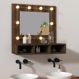 Dulap baie cu oglinda si LED Gossi, stejar maro, 60x31.5x62 cm, lemn prelucrat, montaj pe blat/perete, spatiu depozitare
