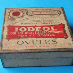Cutie anii 1930 tabla litografiata & Reclama IODEOL - Ovules de uz farmaceutic