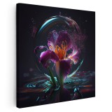 Tablou floare iris in bula de apa violet, negru 1647 Tablou canvas pe panza CU RAMA 100x100 cm