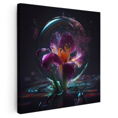 Tablou floare iris in bula de apa violet, negru 1647 Tablou canvas pe panza CU RAMA 30x30 cm